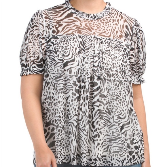 JANE & DELANCEY Mesh Ruffle Neck Blouse Animal Print Gray Black Plus Size 1X - Picture 1 of 11